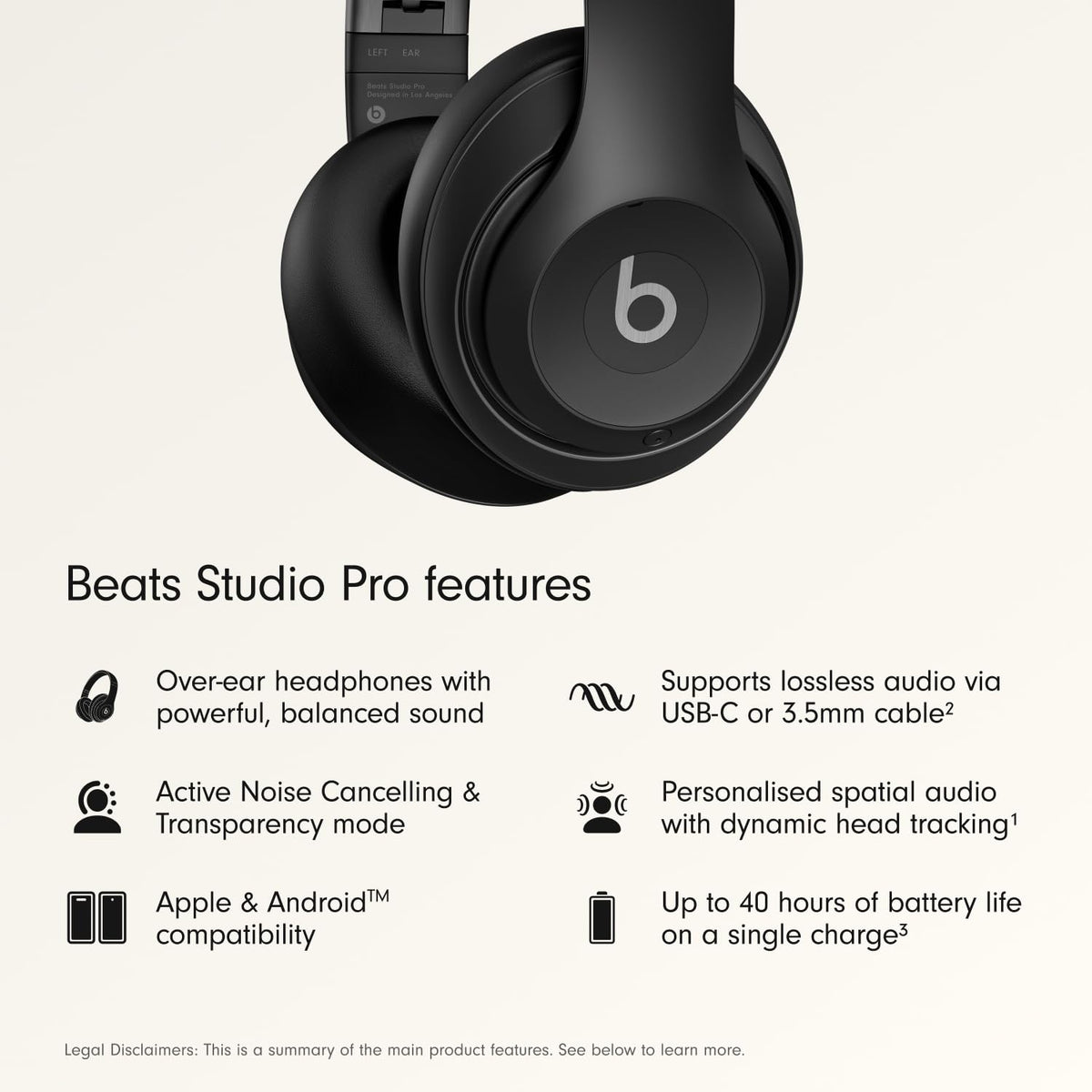 Auriculares inalámbricos supraaurales premium Beats Studio Pro - Hasta 40 horas de batería, cancelación activa de ruido, ideales para viajar y trasladarse, audio USB-C sin pérdidas, compatibles con Apple y Android - Negro (reacondicionado)