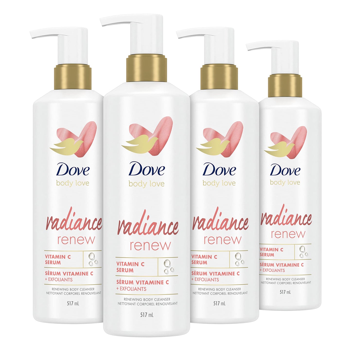 Dove Body Love Limpiador Corporal Radiance Renew, paquete de 4 unidades para piel opaca, gel de baño exfoliante con suero de vitamina C, 17.5 fl oz
