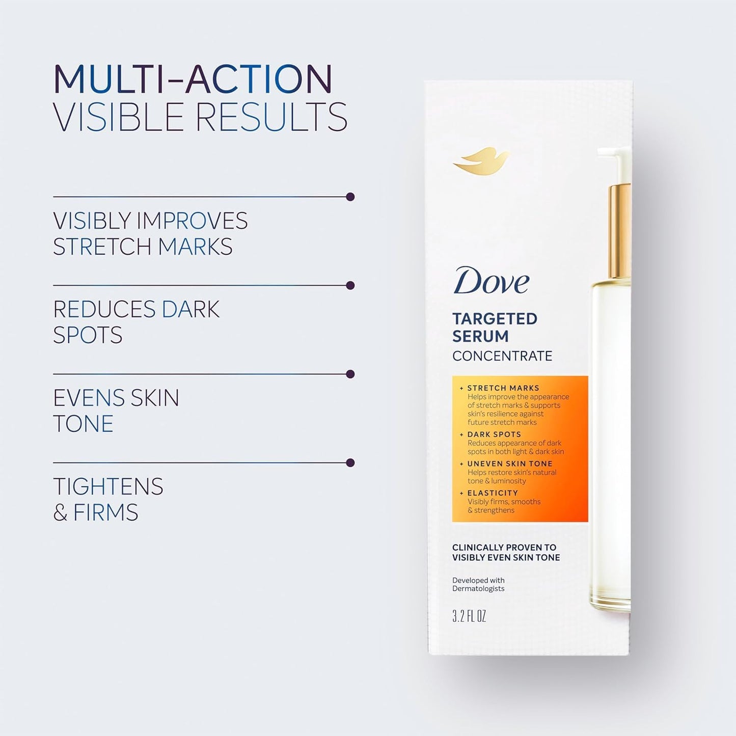 Dove Sérum Multiusos Focalizado para Estrías, Manchas Oscuras, Tono de Piel Desigual y Elasticidad, con Complejo Tone Balance, Niacinamida, Péptidos de Colágeno y Factores de Hidratación Natural, 90 g