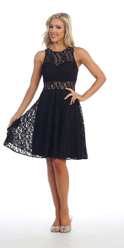 LIQUIDACIÓN - Vestido sin mangas Celavie 6201s de encaje negro hasta la rodilla (Talla L)