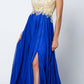 Juliet 636 Beaded Bodice Cap Sleeve Prom Gown with Slit and Train