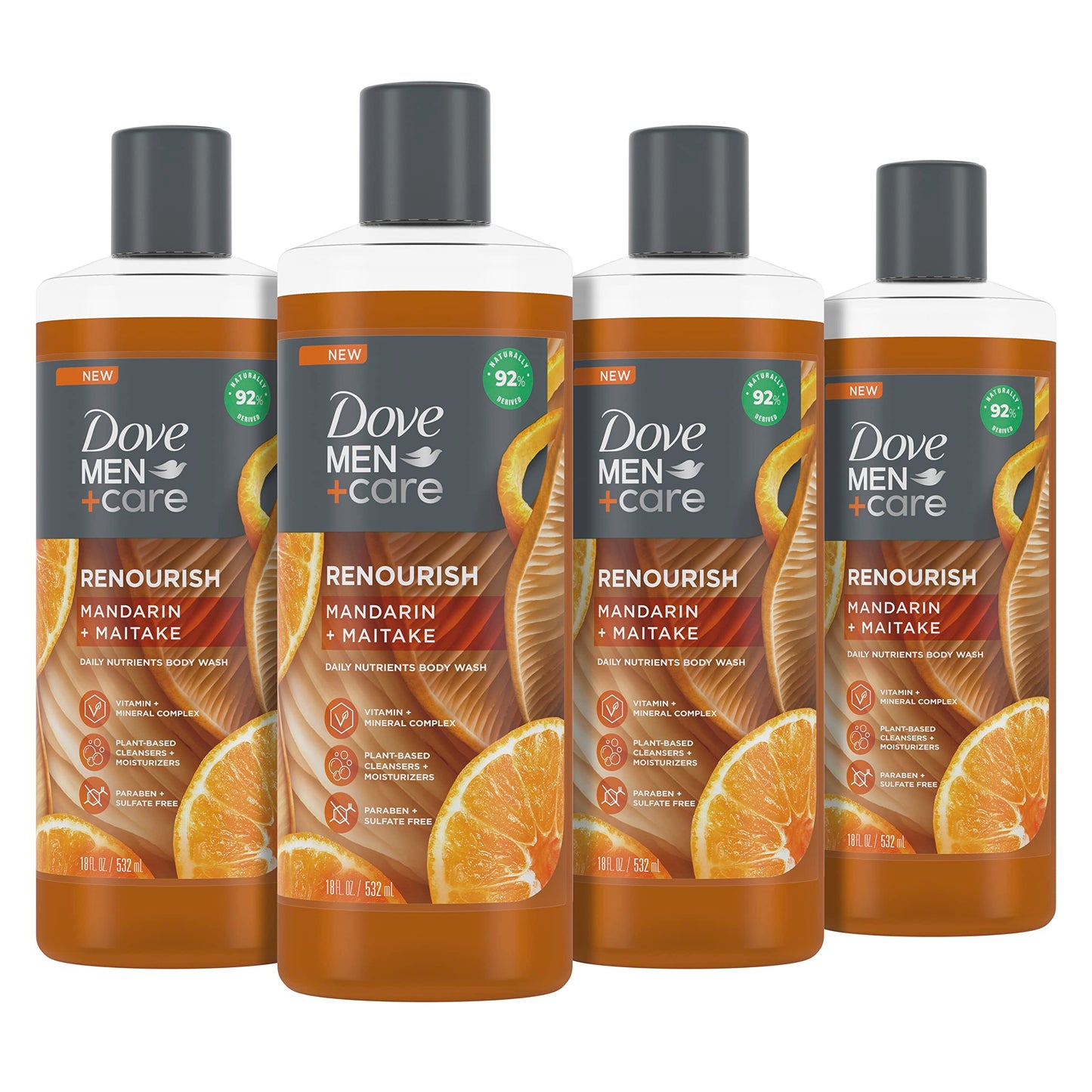 DOVE MEN + CARE Gel de Ducha Corporal Rejuvenecedor Mandarina + Maitake Paquete de 4 Con Complejo Vitamínico y Mineral Gel de Ducha Hidratante Con Ingredientes de Origen Vegetal 532 ml