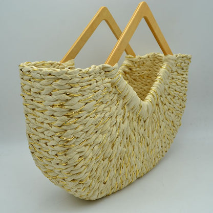 Woven Basket Tote Bag with Metallic Thread and Triangle Handles
