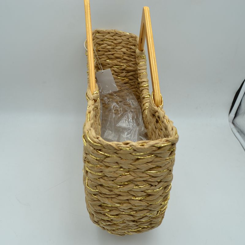 Woven Basket Tote Bag with Metallic Thread and Triangle Handles