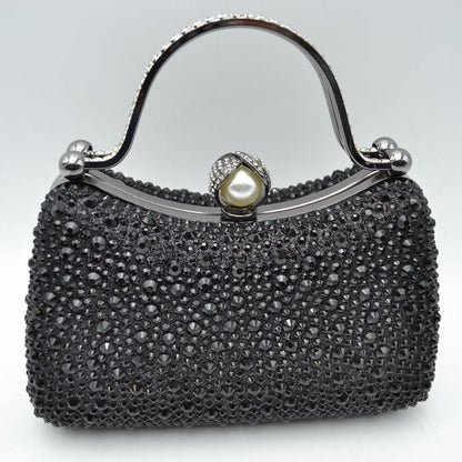 Rhinestone Encrusted Evening Clutch Bag with Pearl Clasp and Metal Handle