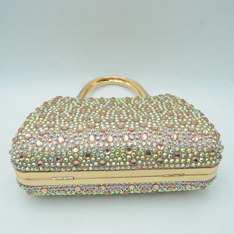 Rhinestone Encrusted Evening Clutch Bag with Pearl Clasp and Metal Handle