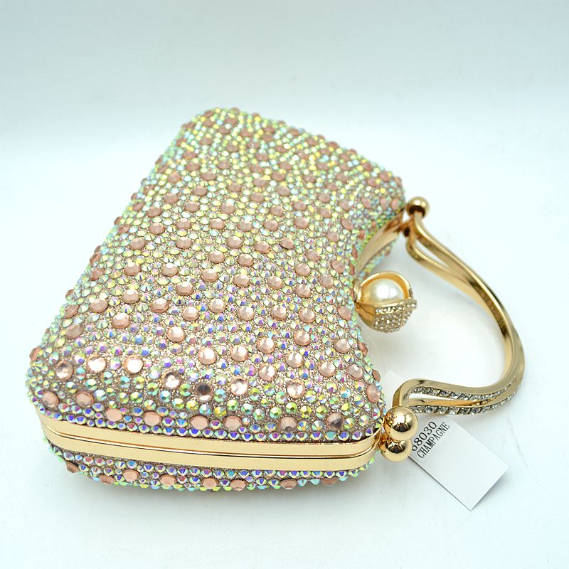 Rhinestone Encrusted Evening Clutch Bag with Pearl Clasp and Metal Handle