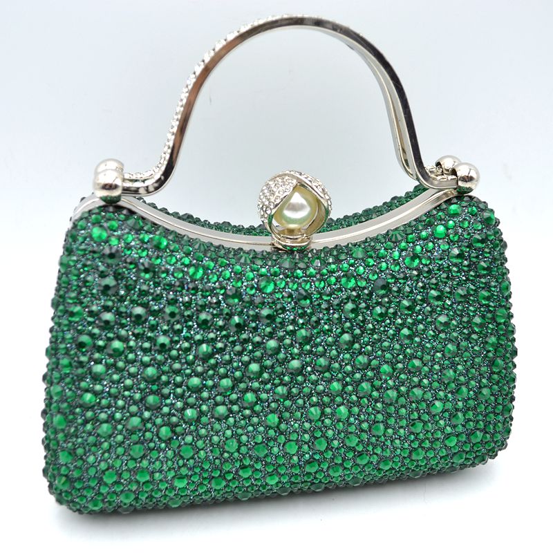 Rhinestone Encrusted Evening Clutch Bag with Pearl Clasp and Metal Handle