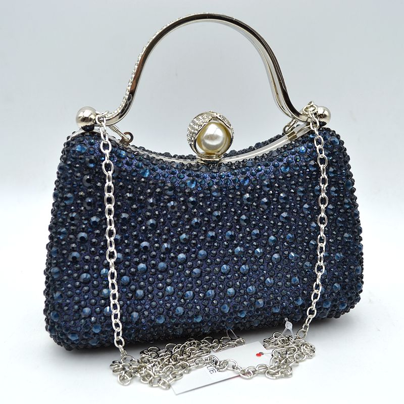 Rhinestone Encrusted Evening Clutch Bag with Pearl Clasp and Metal Handle