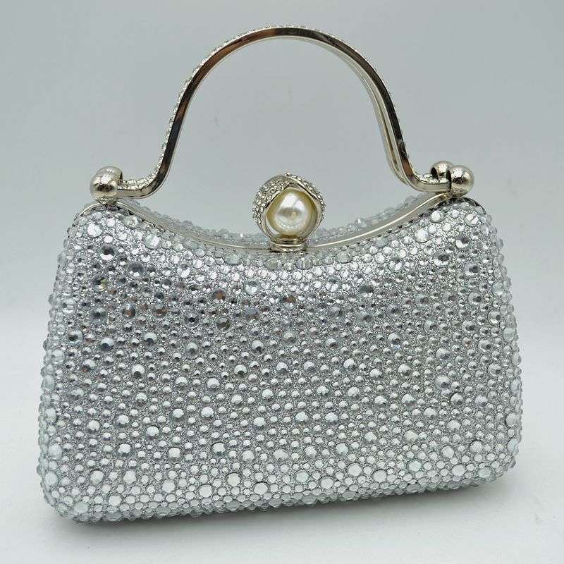 Rhinestone Encrusted Evening Clutch Bag with Pearl Clasp and Metal Handle