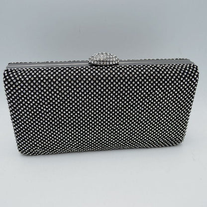 Grid Patterned Box Clutch with Jeweled Dome Clasp