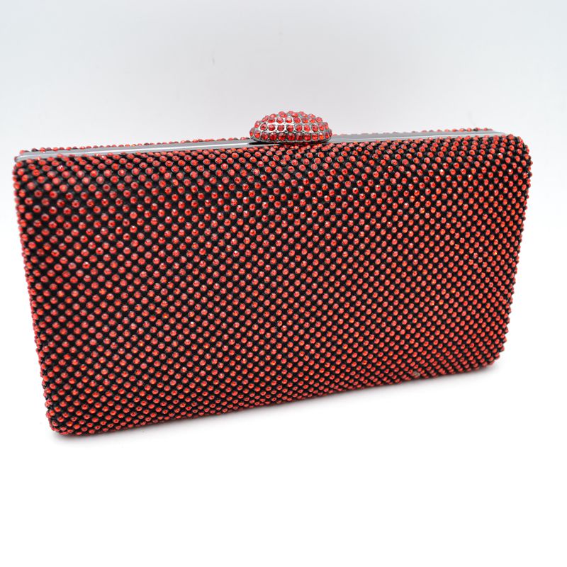 Grid Patterned Box Clutch with Jeweled Dome Clasp