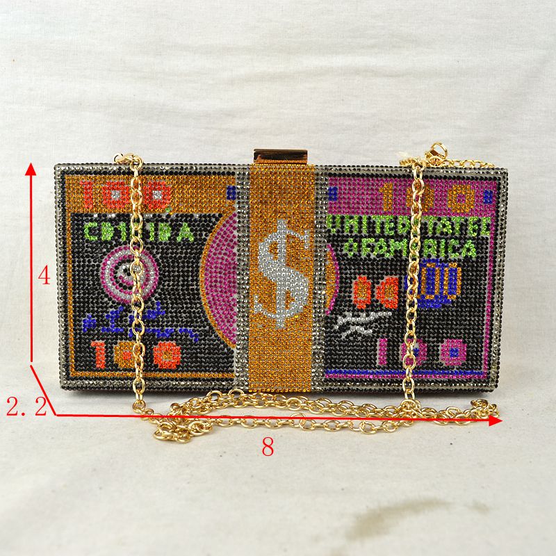 Rhinestone Money Clutch Bag with Removable Chain Strap