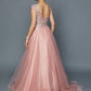 Juliet 684 Cap Sleeved Long Formal Dress with Appliques