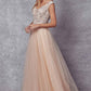 Juliet 684 Cap Sleeved Long Formal Dress with Appliques