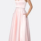Juliet 688 Floor Length Shiny Satin A-Line Gown Beaded Belt with Pockets