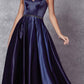 Juliet 688 Floor Length Shiny Satin A-Line Gown Beaded Belt with Pockets