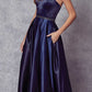 Juliet 688 Floor Length Shiny Satin A-Line Gown Beaded Belt with Pockets