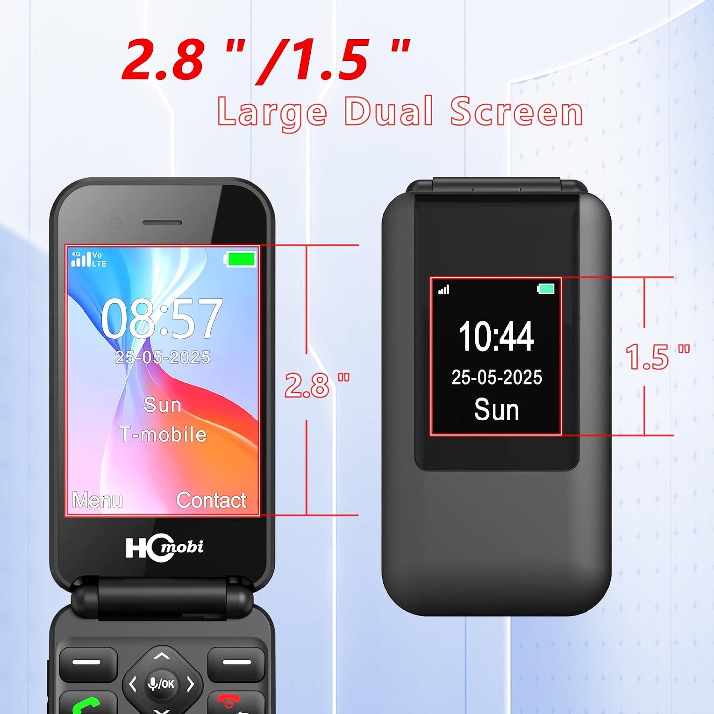 Teléfono plegable 4G desbloqueado para personas mayores, teléfono plegable básico, teléfono móvil para personas mayores, pantalla de 2.8" +1.5", botón SOS, marcación rápida, botones grandes, Bluetooth, cámara, radio FM, batería de 1400 mAh (negro mate).