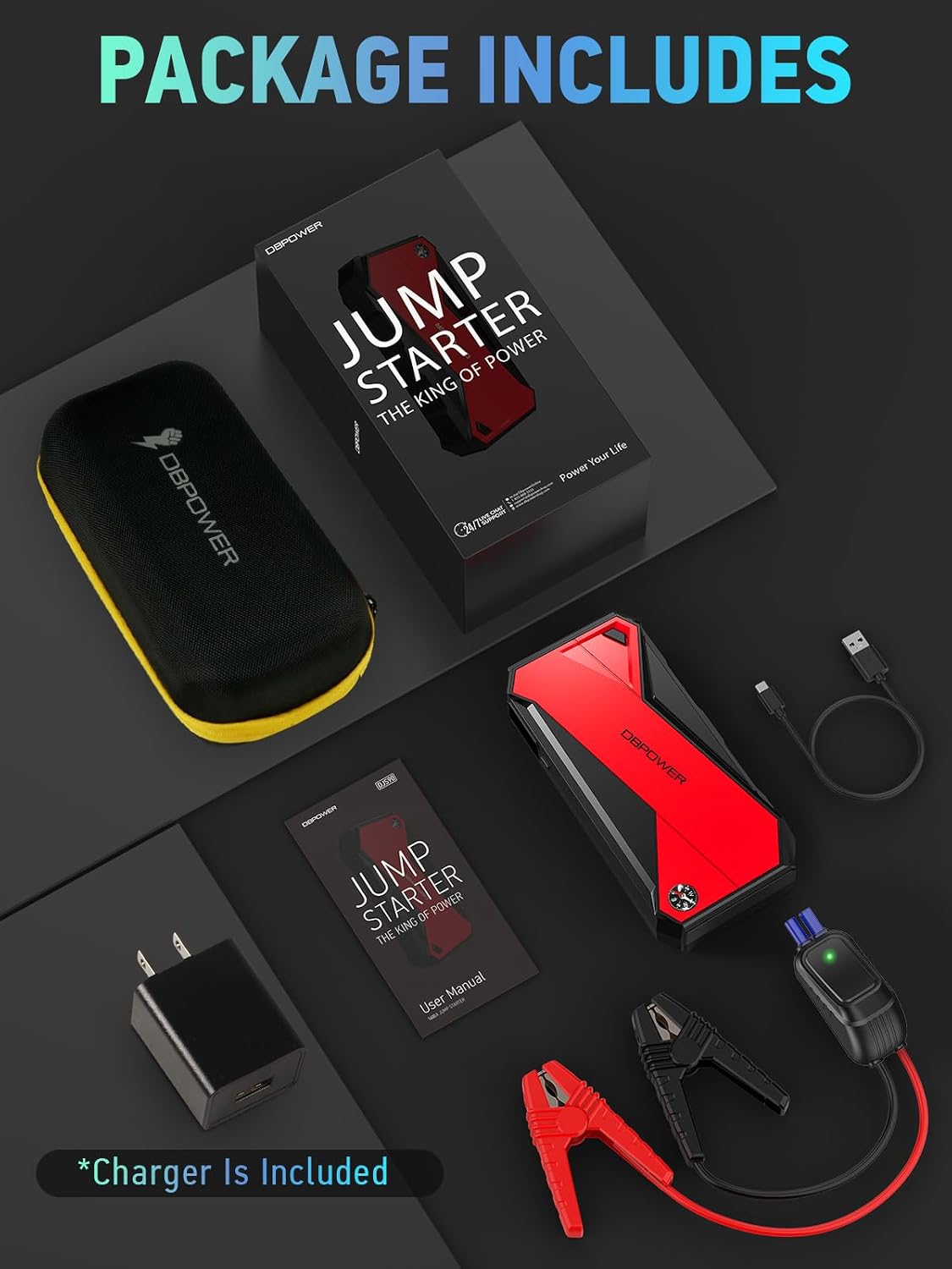 Arrancador de coche portátil DBPOWER Peak 3000A 18000mAh (hasta 8.0L de gasolina, motor diésel de 6.0L) con puerto de carga inteligente, brújula, pantalla LCD y luz LED (negro/rojo)