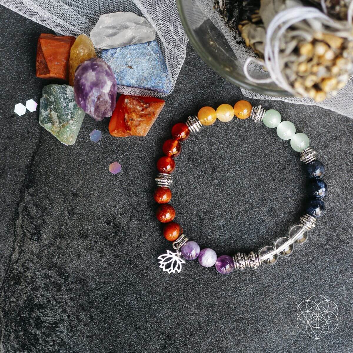 Conjunto de pulsera y piedras de 7 chakras