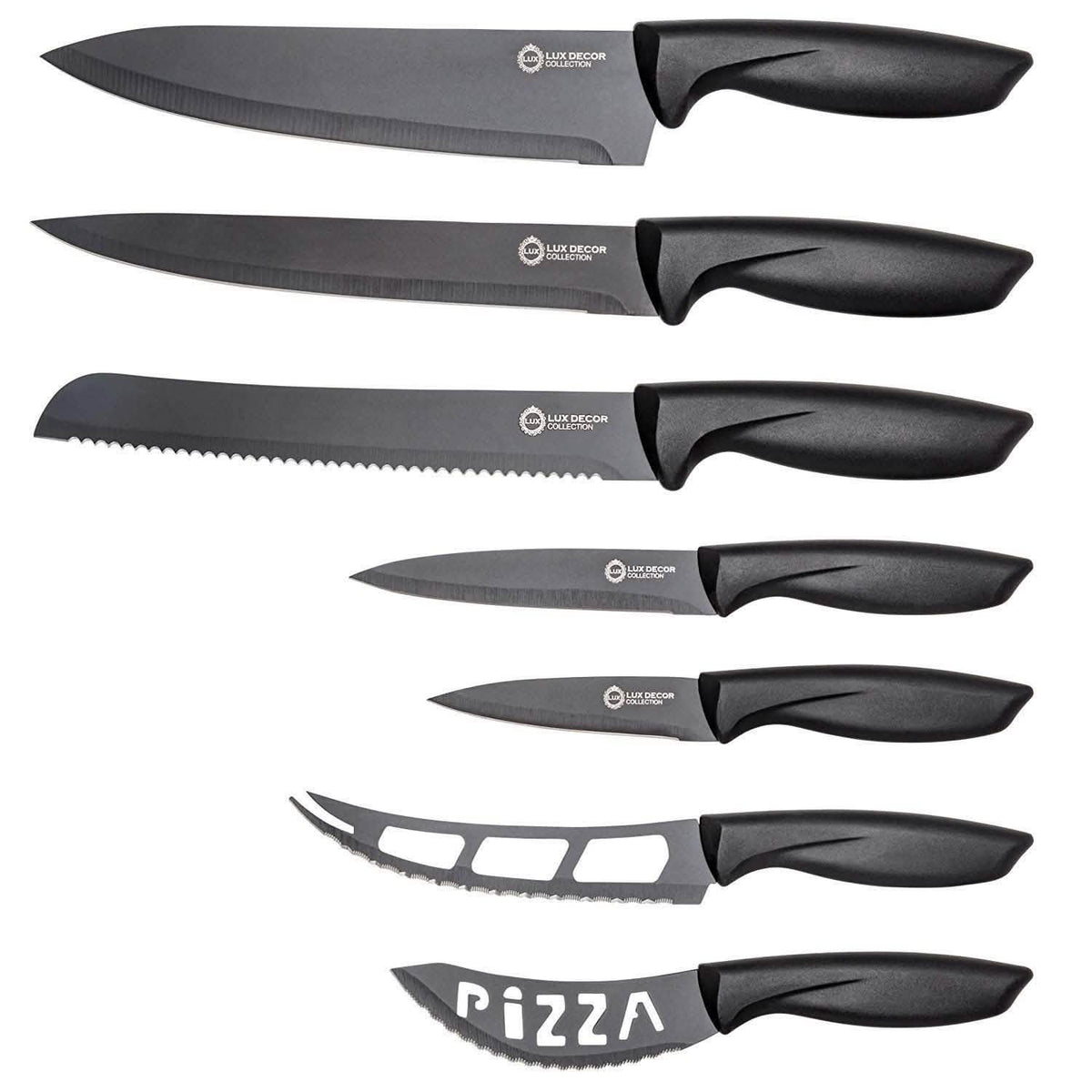 Juego de 7 piezas: Cuchillo de chef, panero, trinchador, multiusos, mondador, queso, pizza