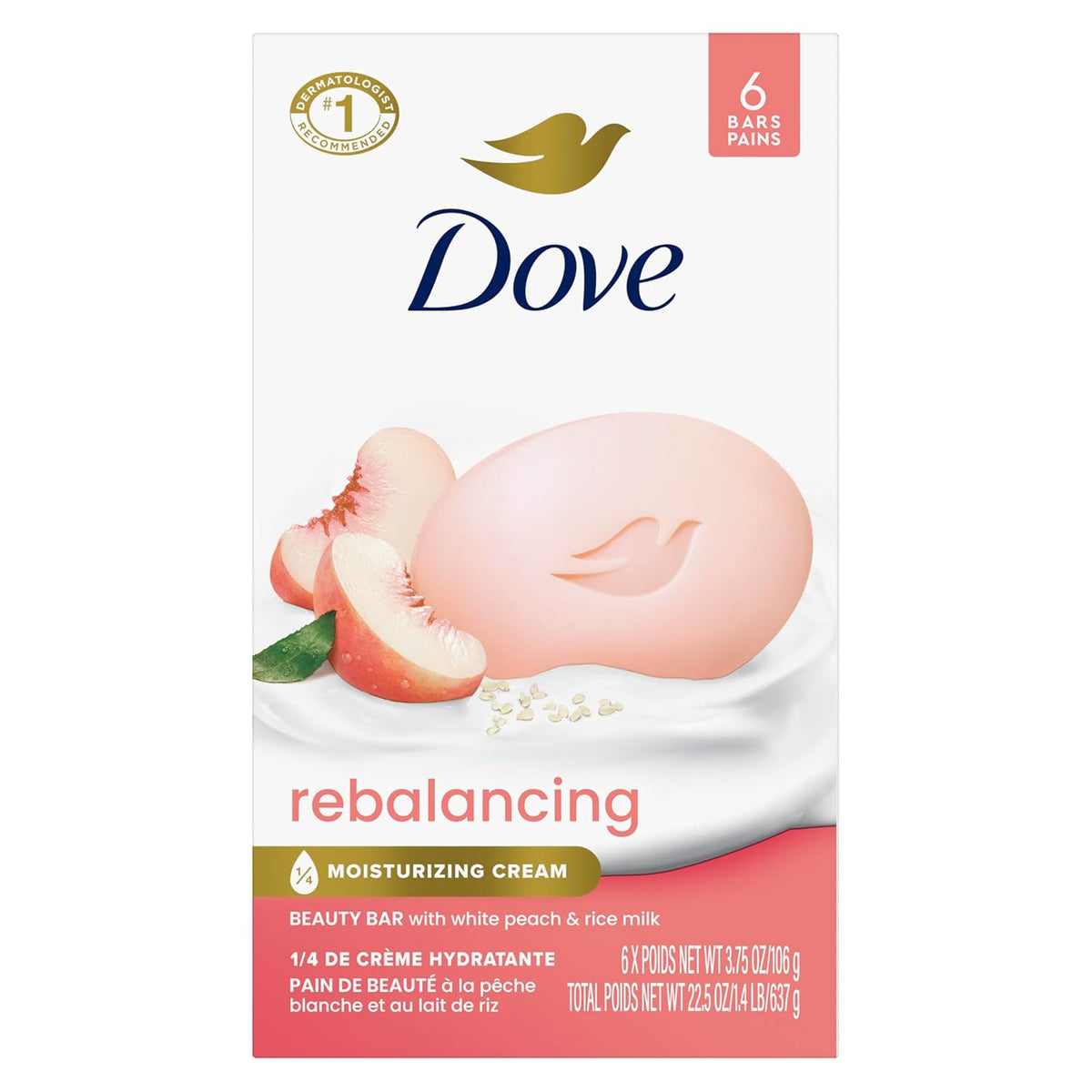 Dove Beauty Bar Jabón en barra Reequilibrante Durazno blanco y leche de arroz, paquete de 6 unidades para una piel nutrida e hidratada, con ¼ de crema humectante y fórmula de origen vegetal, 106 g