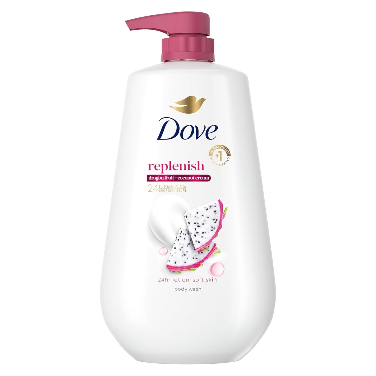 Dove Body Wash Reponer Fruta de Dragón y Crema de Coco Para Piel Suave como Loción por 24h Limpiador Corporal Hidratante Sin Sulfatos Sin Parabenos 30.6 oz