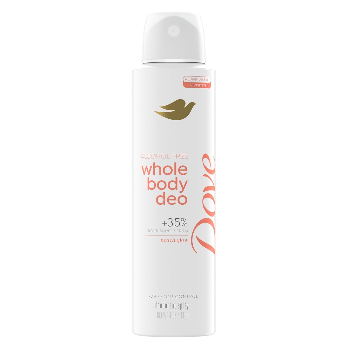 Dove Desodorante en aerosol sin alcohol para todo el cuerpo para mujer, control de olores durante 72 horas, Peach Glow, 4 oz