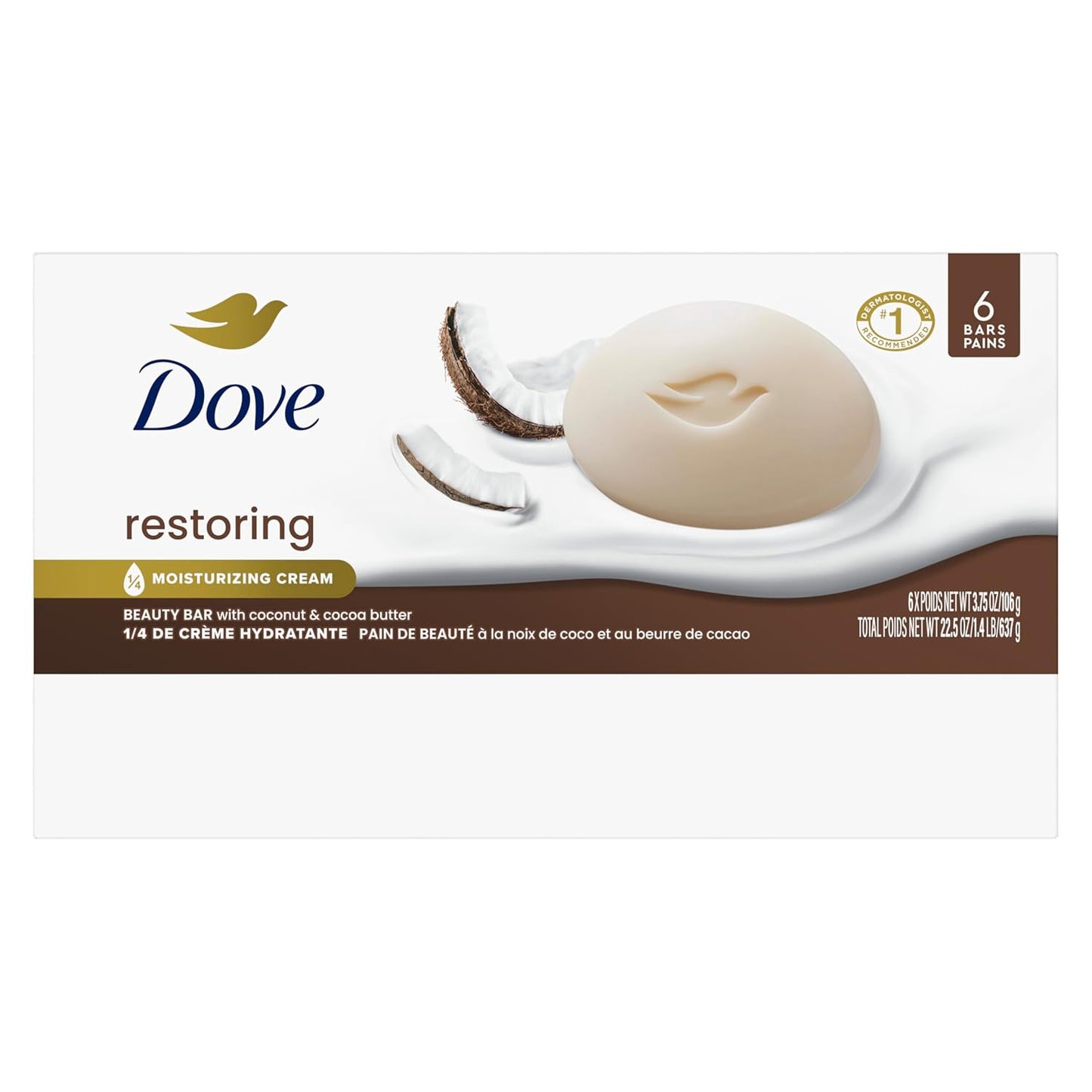 Dove Beauty Bar Jabón en barra Restaurador de Coco y Manteca de Cacao, 6 unidades para piel restaurada, nutre la piel 106 g