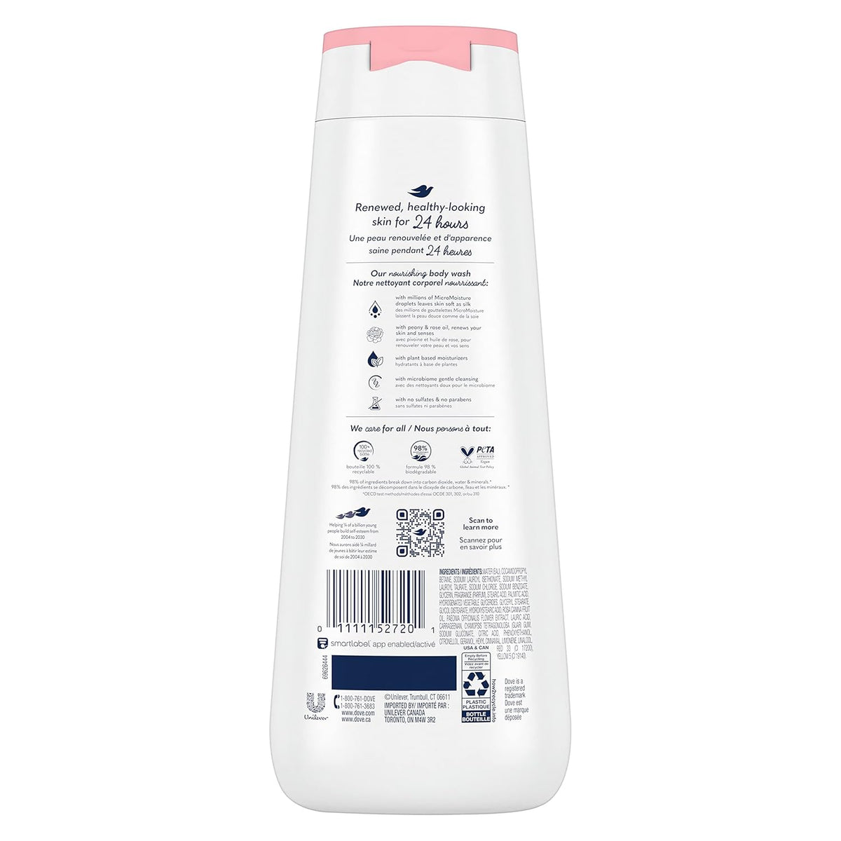 Jabón corporal Dove 4 unidades Renovación de peonía y aceite de rosa para una piel renovada y de aspecto saludable, limpiador suave con microhumectación renovadora 24 horas, 20 oz