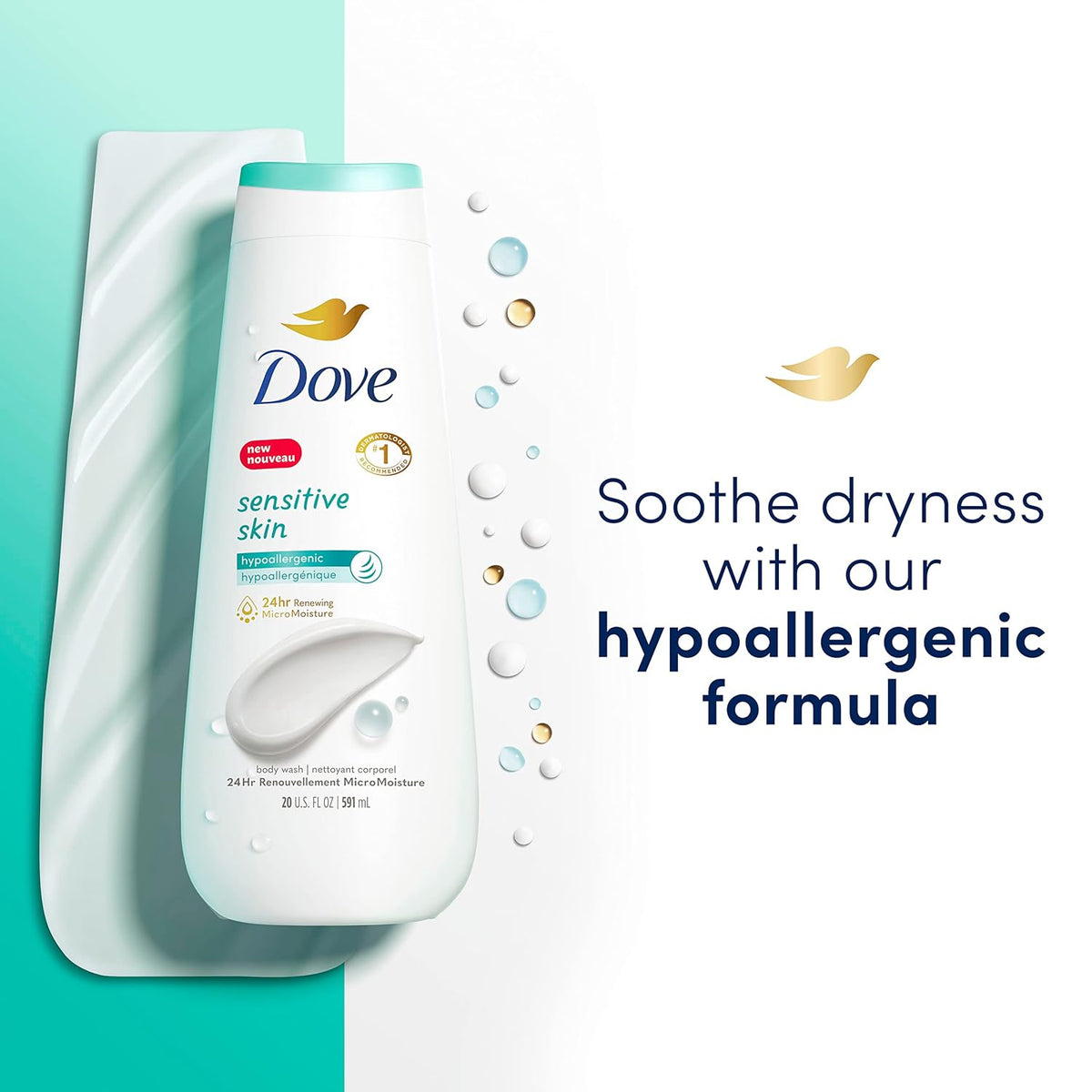 Dove Gel de Ducha Piel Sensible Paquete de 4 Hipoalergénico, Sin Parabenos, Sin Sulfatos, Libre de Crueldad Animal, Limpiador Hidratante para la Piel Elimina Eficazmente las Bacterias Mientras Nutre la Piel 591 ml