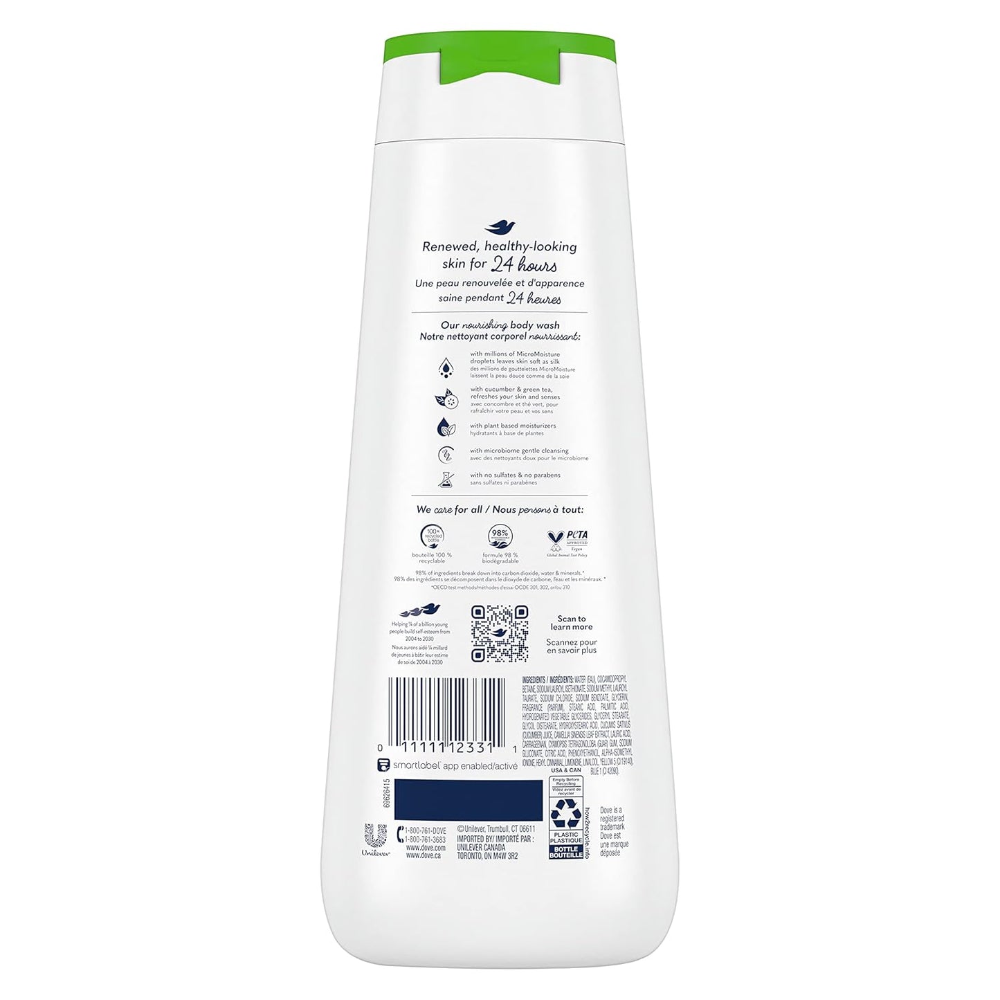 Dove Gel Corporal Pepino Refrescante y Té Verde Paquete de 4 Limpiador que Refresca la Piel y Elimina Eficazmente las Bacterias a la Vez que Nutre tu Piel 591 ml