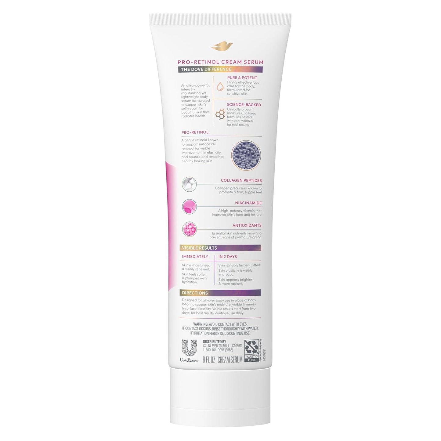 Loción Dove Crema Sérum Pro-Retinol + Reafirmante para Elasticidad y Firmeza, con Péptidos de Colágeno, Niacinamida y Antioxidantes, 8 oz