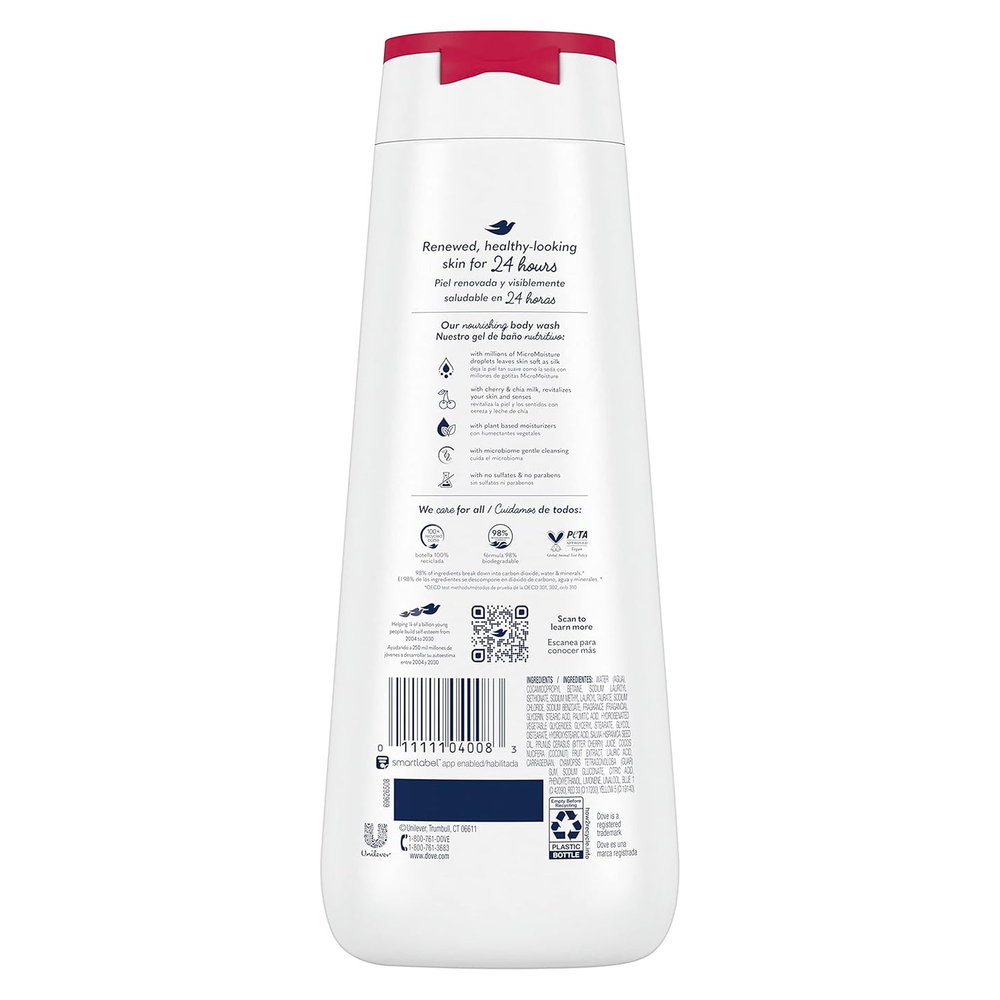 Dove Jabón Corporal Revitalizante Cherry & Chia Milk, 4 unidades para una piel renovada y saludable, Limpiador suave con MicroHumectación Renovadora 24h, 591 ml