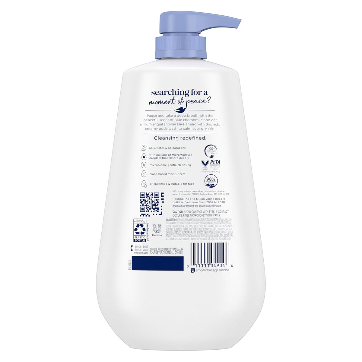 Dove Jabón Corporal con Dosificador Anti estrés, de Camomila Azul y Leche de Avena, para una Piel Suave e Hidratada por 24 Horas, Limpiador Hidratante sin Sulfatos ni Parabenos, 907 g
