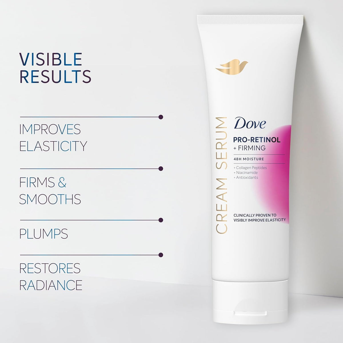 Loción Dove Crema Sérum Pro-Retinol + Reafirmante para Elasticidad y Firmeza, con Péptidos de Colágeno, Niacinamida y Antioxidantes, 8 oz