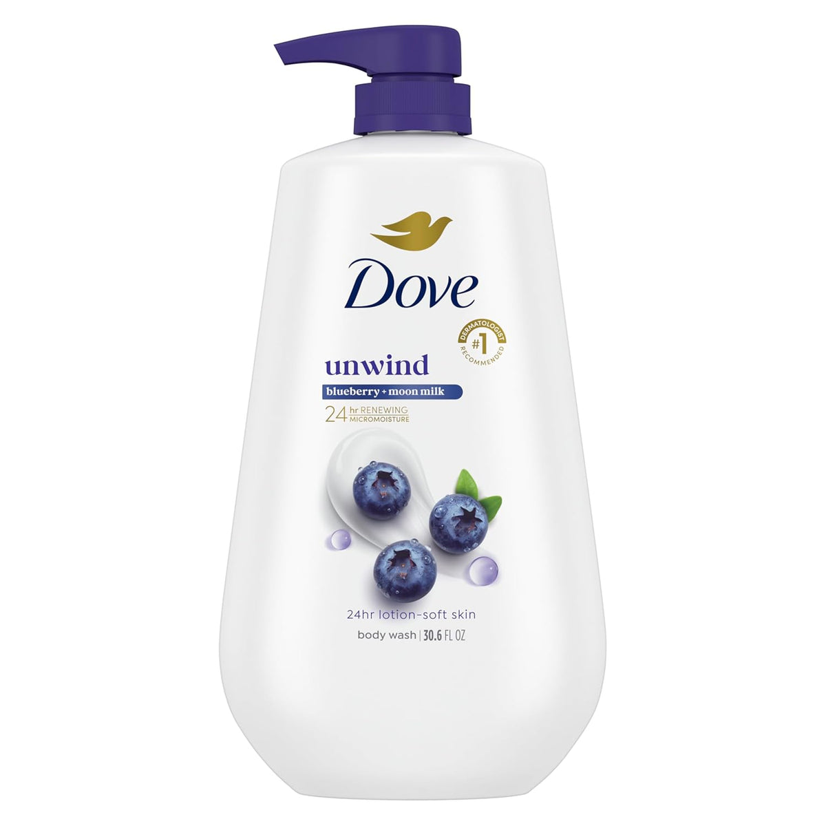 Gel de baño Dove Unwind de arándanos y leche lunar para una piel suave como loción durante 24 horas, limpiador hidratante para la piel sin sulfatos ni parabenos, 907 g