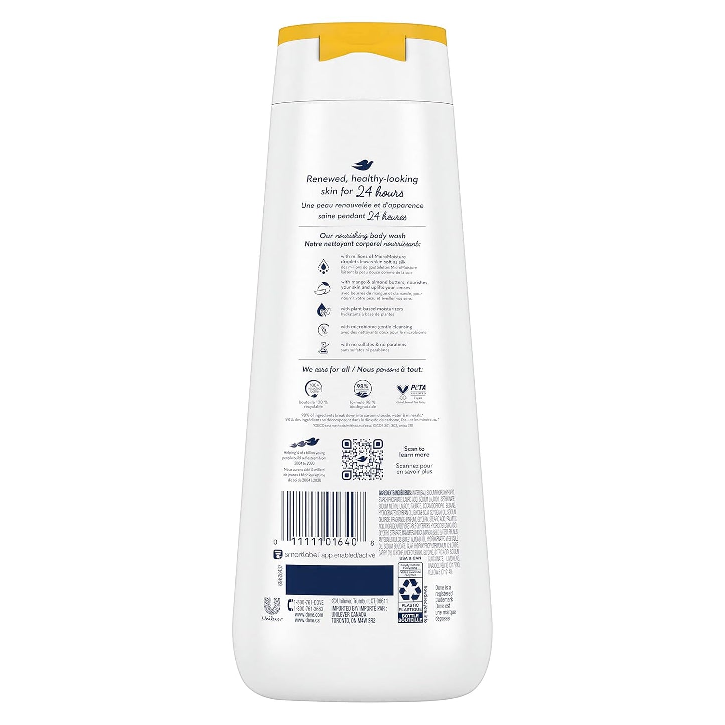 Dove Body Wash Mango Radiante y Manteca de Almendras Paquete de 4 para una Piel Renovada y con Aspecto Saludable, Limpiador Corporal Suave con MicroHumectación Renovadora de 24 horas, 591 ml