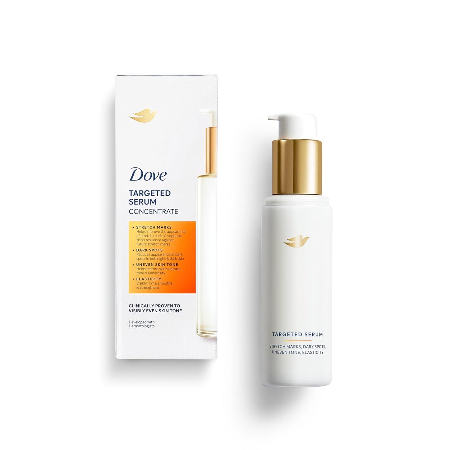 Dove Sérum Multiusos Focalizado para Estrías, Manchas Oscuras, Tono de Piel Desigual y Elasticidad, con Complejo Tone Balance, Niacinamida, Péptidos de Colágeno y Factores de Hidratación Natural, 90 g