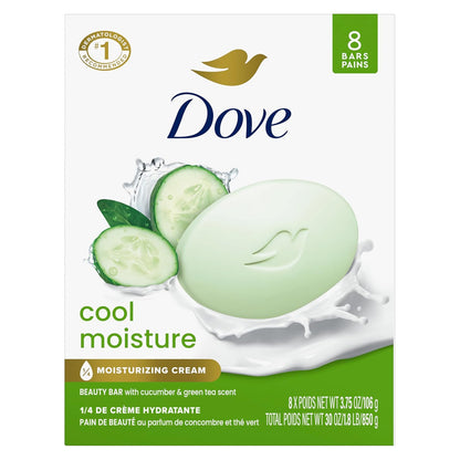 Dove Beauty Bar Jabón Cool Moisture Aroma Pepino y Té Verde, 8 barras para una piel fresca, deja la piel fresca 106 g