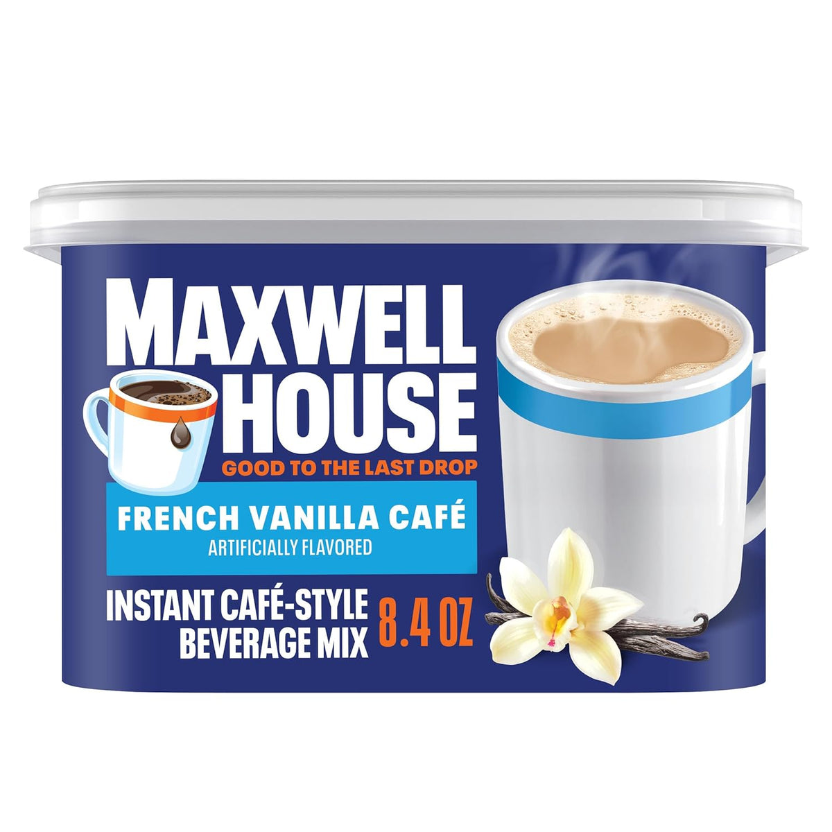 Maxwell House Mezcla de Bebida Instantánea Estilo Café, Fácil de Preparar, 1 Bote, para un Café Rápido por la Mañana o un Gusto por la Tarde, Café Vainilla Francesa, Lácteos Kosher, 8.4 oz