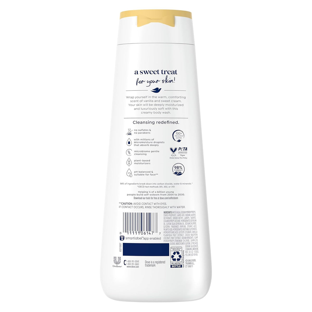 Dove Indulge Gel de Baño Vainilla Cálida + Crema Dulce para Piel Hidratada y Suave 20 oz líq.