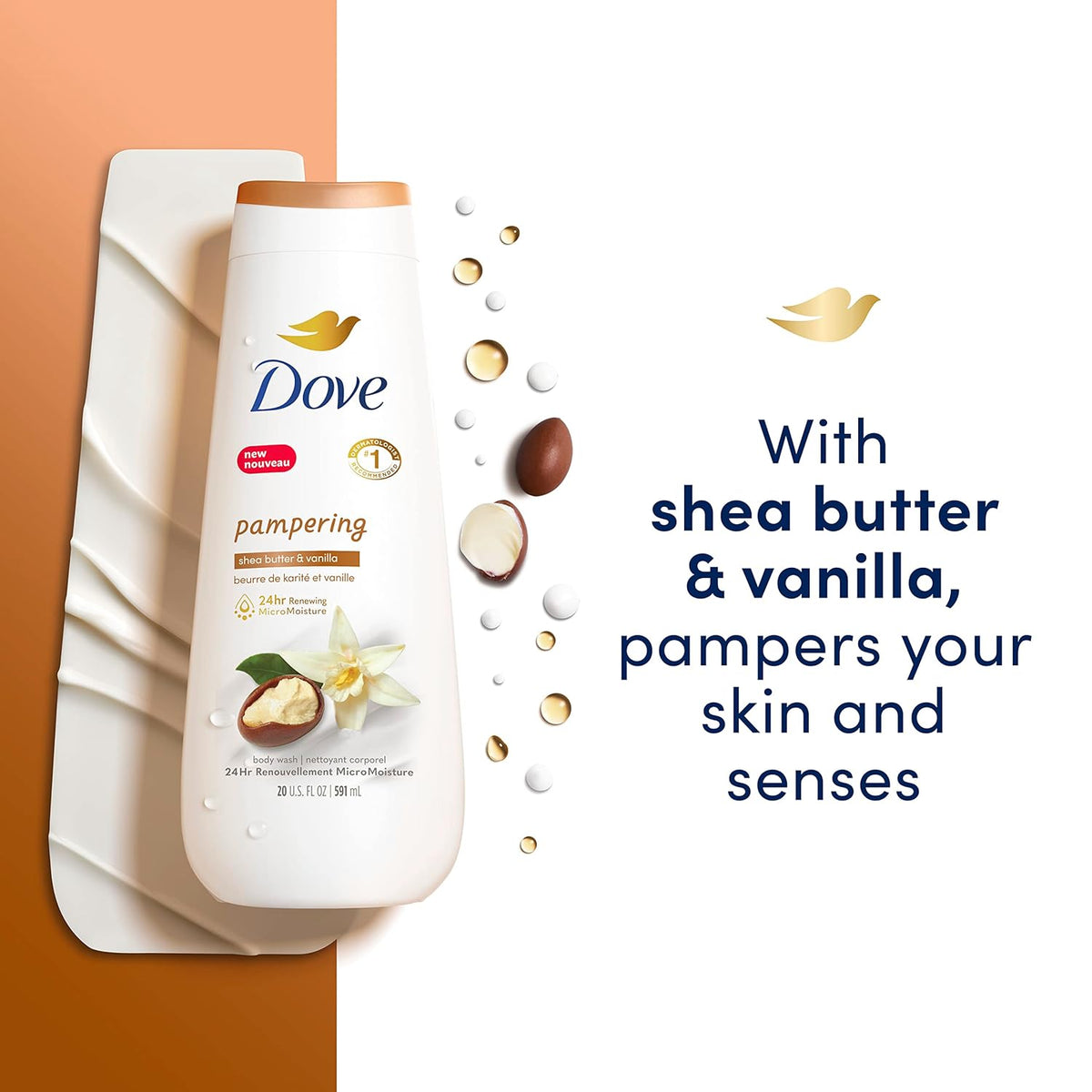 Dove Jabón Líquido Corporal, 4 unidades, humectante de karité y vainilla para una piel renovada y de aspecto saludable, limpiador suave con micromoléculas renovadoras de 24 horas, 20 oz