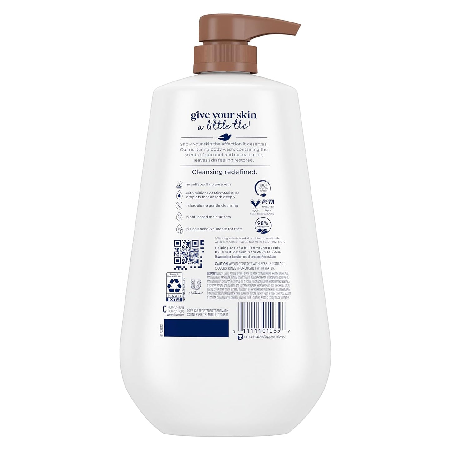Dove Jabón Líquido Corporal con Dosificador Restore Coco y Manteca de Cacao para Piel Suave como Loción por 24 horas Limpiador Humectante para Piel sin Sulfatos ni Parabenos 907 g