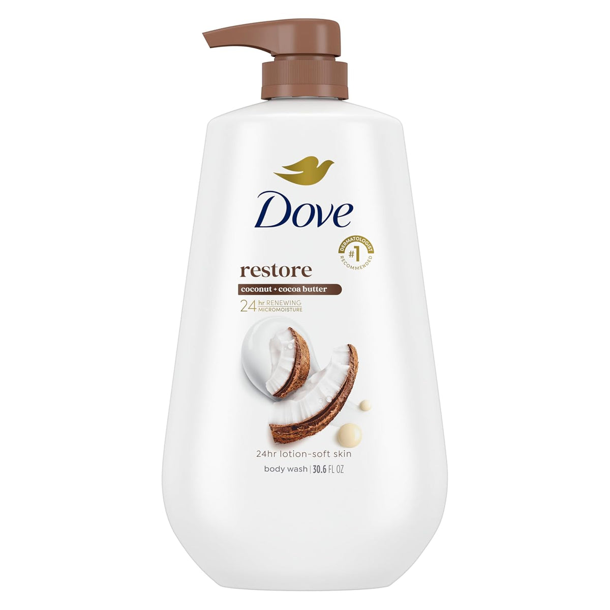 Dove Jabón Líquido Corporal con Dosificador Restore Coco y Manteca de Cacao para Piel Suave como Loción por 24 horas Limpiador Humectante para Piel sin Sulfatos ni Parabenos 907 g