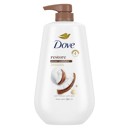 Dove Jabón Líquido Corporal con Dosificador Restore Coco y Manteca de Cacao para Piel Suave como Loción por 24 horas Limpiador Humectante para Piel sin Sulfatos ni Parabenos 907 g