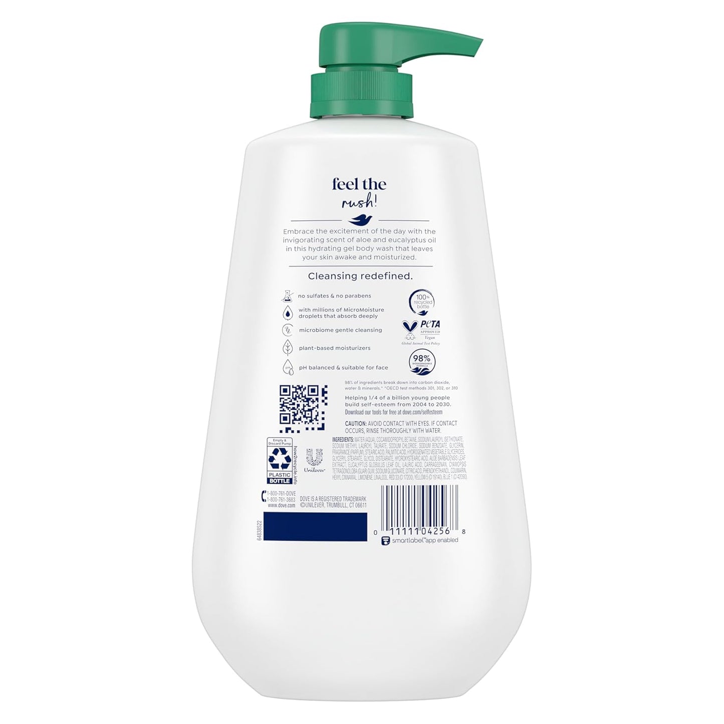 Gel de ducha Dove con dosificador Aloe & Eucalipto Tonificante Para una piel suave como la de una loción durante 24h Limpiador hidratante sin sulfatos ni parabenos 907 g
