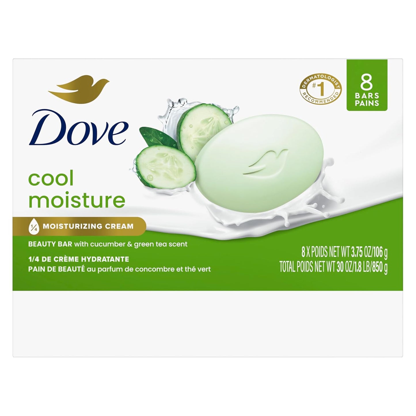 Dove Beauty Bar Jabón Cool Moisture Aroma Pepino y Té Verde, 8 barras para una piel fresca, deja la piel fresca 106 g