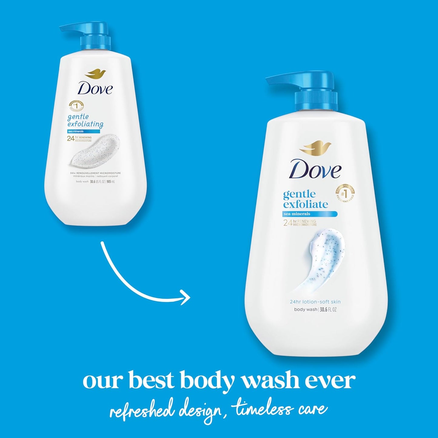 Dove Body Wash con dosificador exfoliante suave con minerales marinos para una piel suave como la loción durante 24 horas, limpiador hidratante para la piel sin sulfatos ni parabenos, 908 g